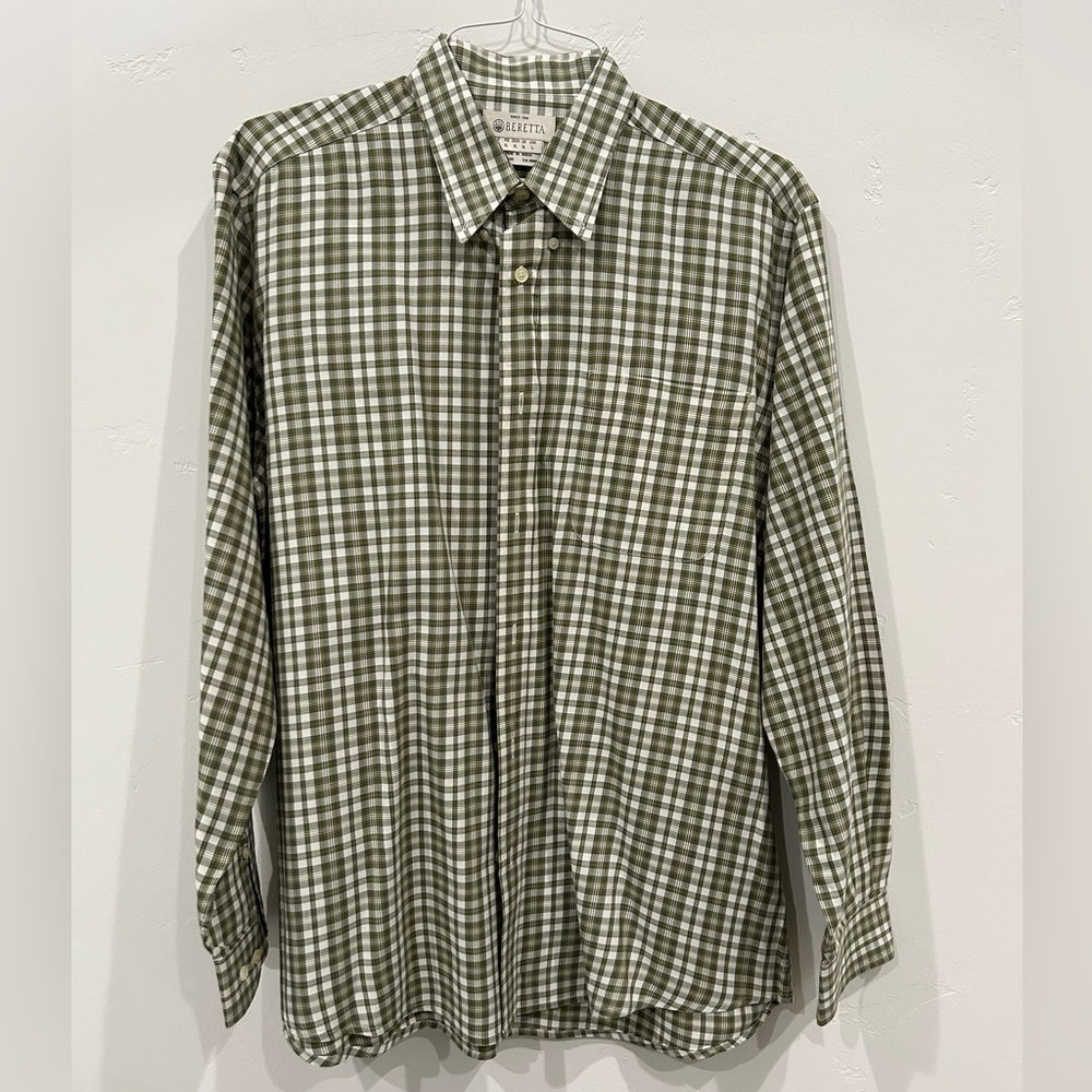 Men’s Beretta Button Down Shirt, Cream and Olive Plaid, size Large